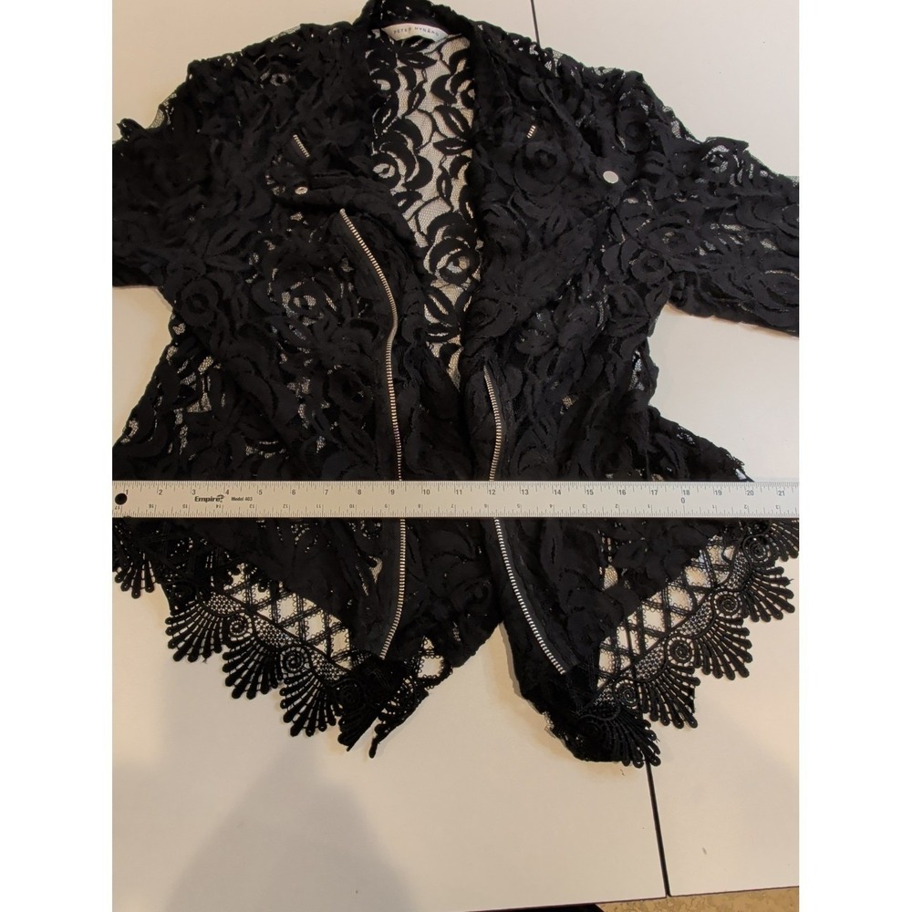 Peter Nygard Black Floral Lace Moto Jacket Womens Open Front Zip Trim Boho - Picture 10 of 10